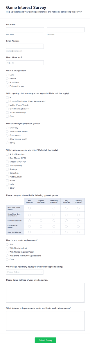 Game Interest Survey Form Template