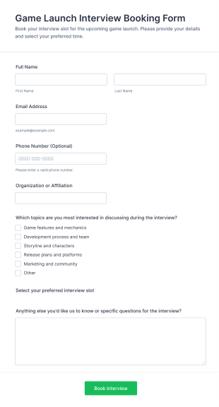 Game Launch Interview Booking Form Template