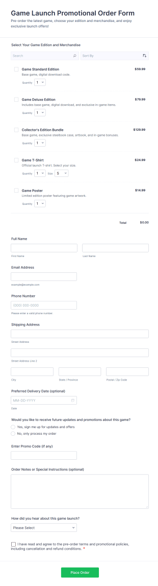 Game Launch Promotional Order Form Template