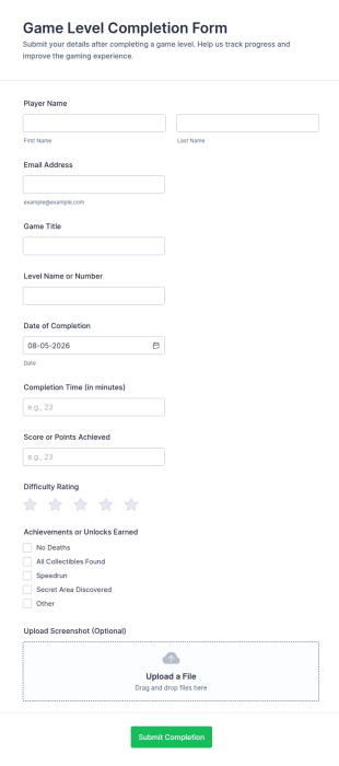Game Level Completion Form Template