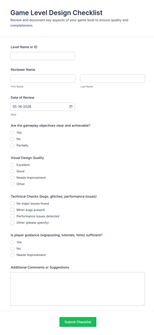 Game Level Design Checklist Form Template