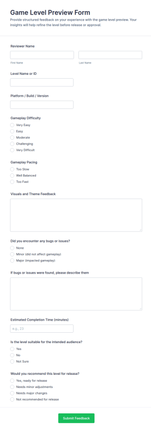 Game Level Preview Form Template