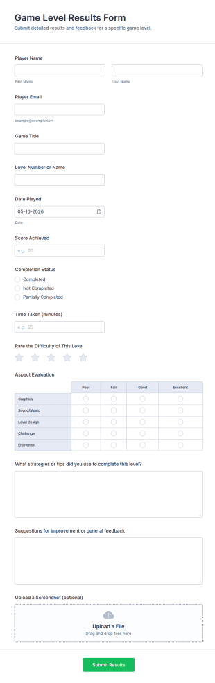 Game Level Results Form Template