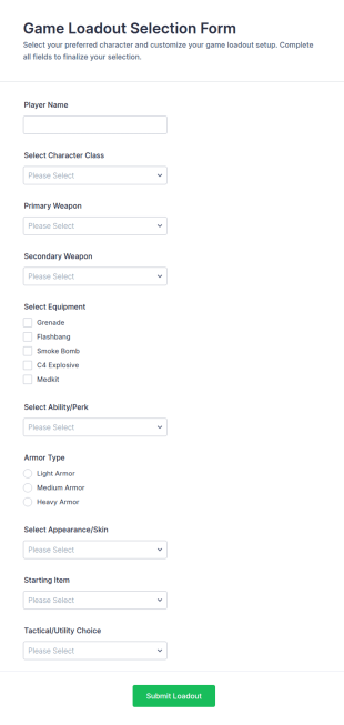 Game Loadout Selection Form Template