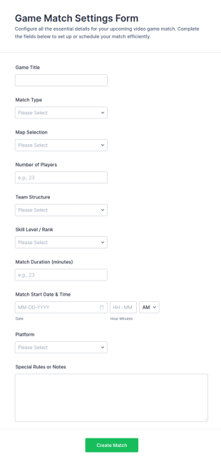 Game Match Settings Form Template