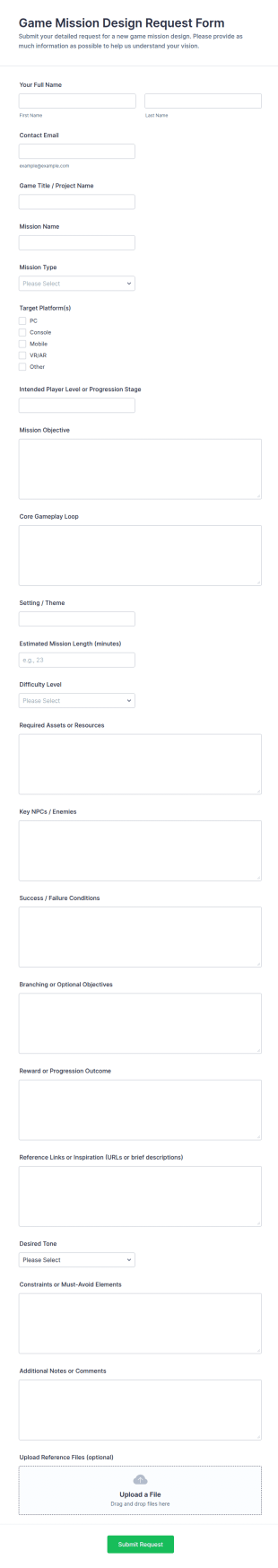 Game Mission Design Request Form Template