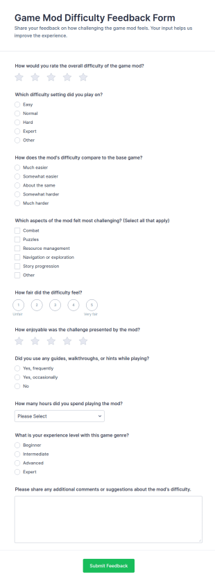 Game Mod Difficulty Feedback Form Template