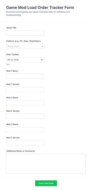Game Mod Load Order Tracker Form Template