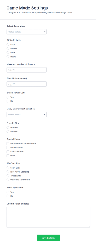 Game Mode Settings Form Template