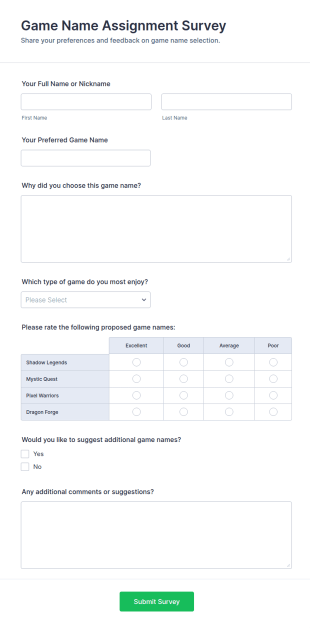 Game Name Assignment Survey Form Template