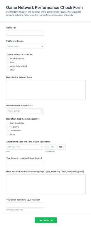 Game Network Performance Check Form Template