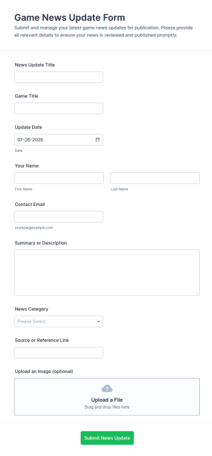 Game News Update Form Template