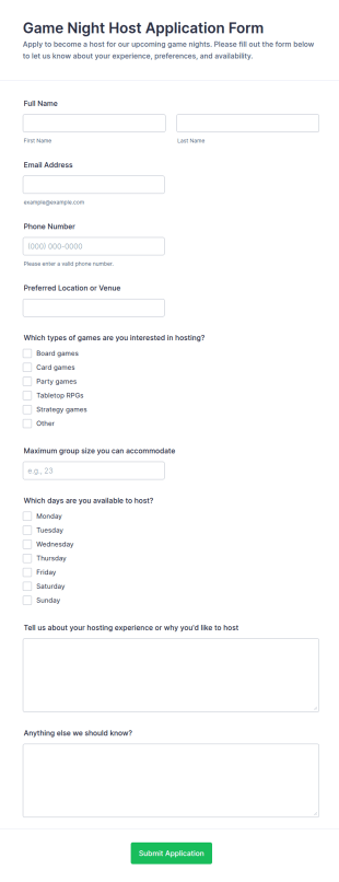 Game Night Host Application Form Template