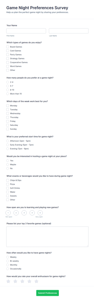 Game Night Preferences Survey Form Template