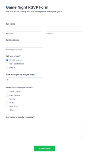 Game Night RSVP Form Template