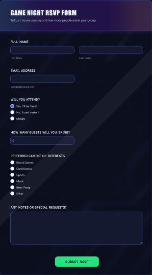 Game Night RSVP Form Template