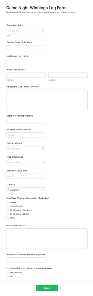 Game Night Winnings Log Form Template