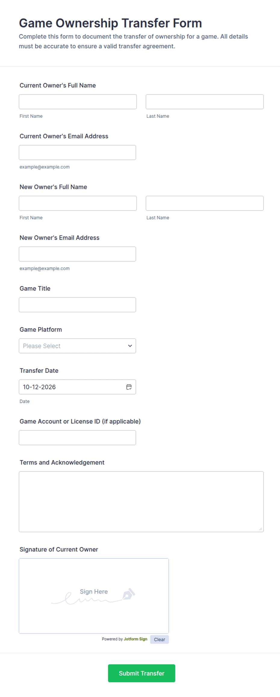 Game Ownership Transfer Agreement Form Template | Jotform