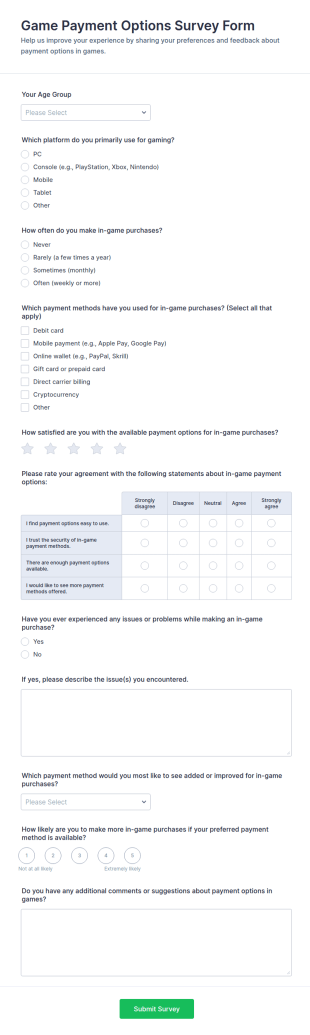 Game Payment Options Survey Form Template