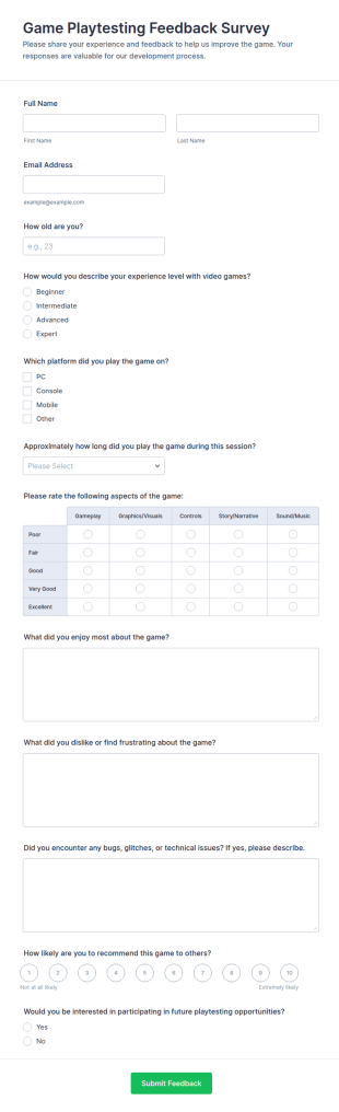 Game Playtesting Feedback Survey Form Template