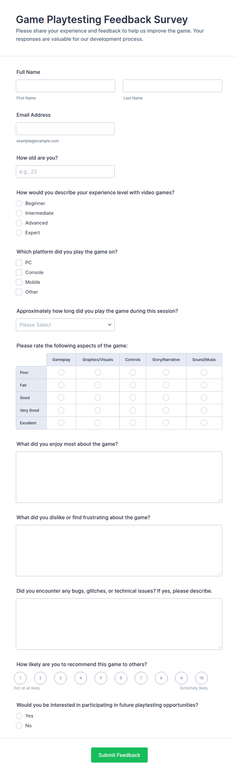Game Forms Game Playtesting Feedback Survey Form Template | Jotform