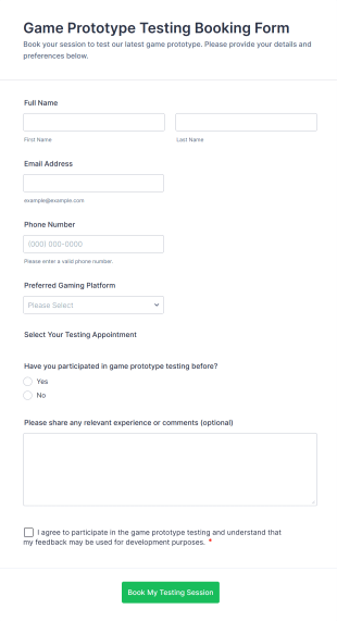 Game Prototype Testing Booking Form Template