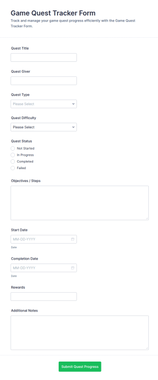 Game Quest Tracker Form Template