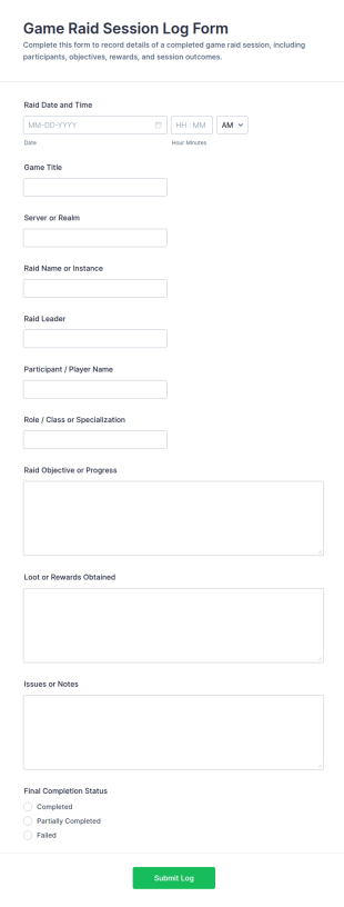 Game Raid Session Log Form Template