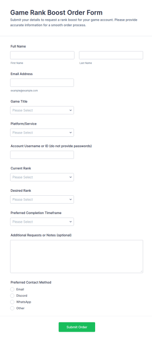 Game Rank Boost Order Form Template