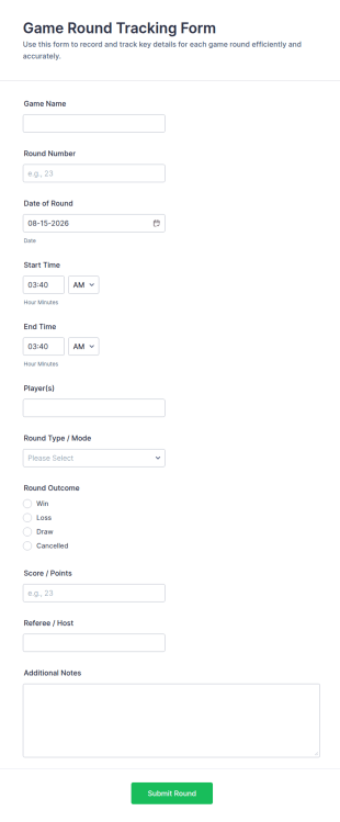 Game Round Tracking Form Template