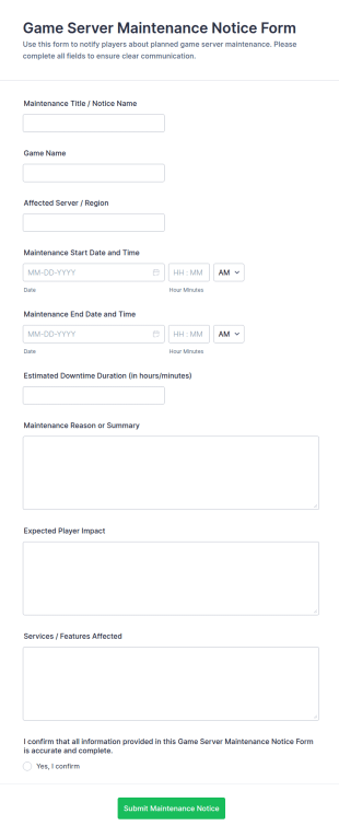 Game Server Maintenance Notice Form Template