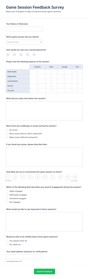 Game Session Feedback Survey Form Template