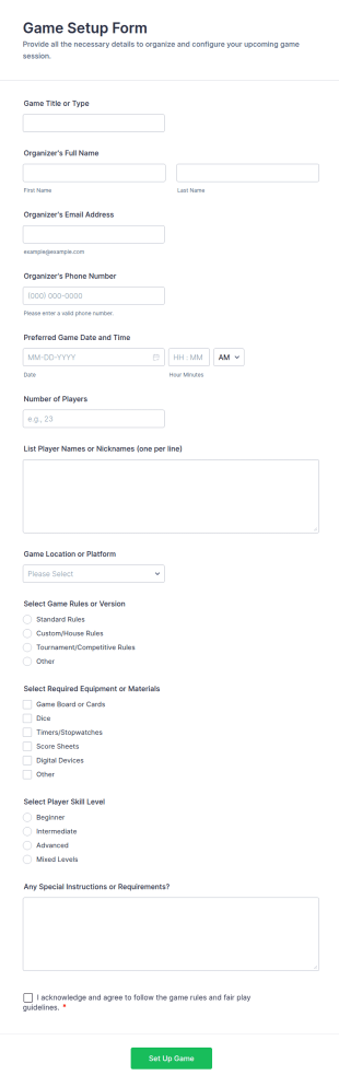 Game Setup Form Template