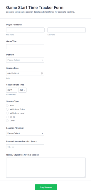 Game Start Time Tracker Form Template