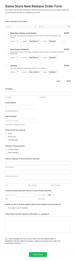 Game Store New Release Order Form Template