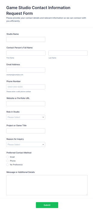 Game Studio Contact Information Request Form Template