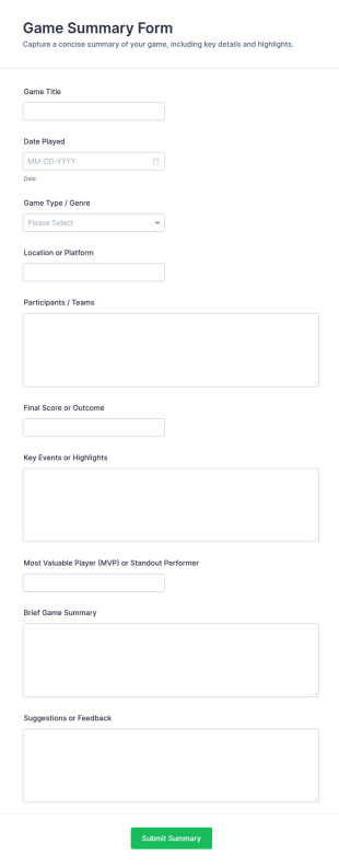 Game Summary Form Template