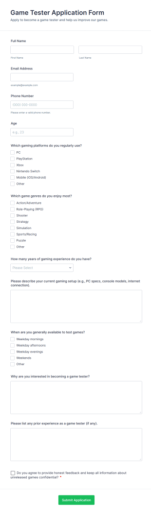 Game Tester Application Form Form Template