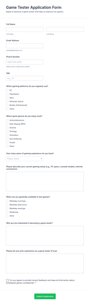 Game Tester Application Form Template
