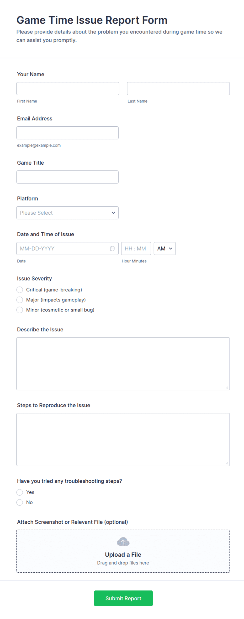 Game Time Issue Report Form Template | Jotform