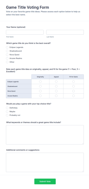 Game Title Voting Form Template
