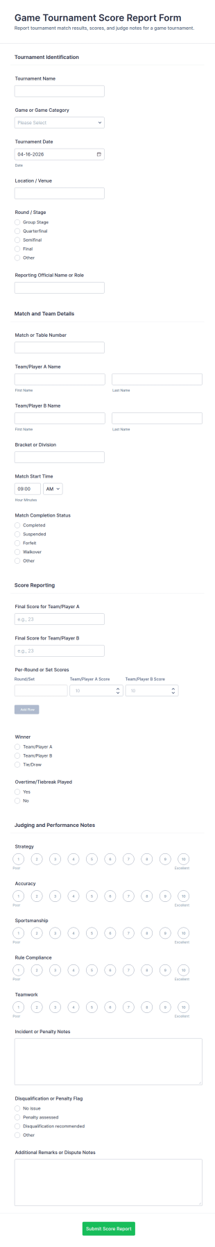 Game Tournament Score Report Form Template