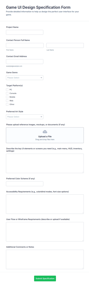Game UI Design Specification Form Template