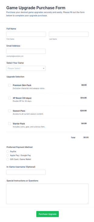 Game Upgrade Purchase Form Template