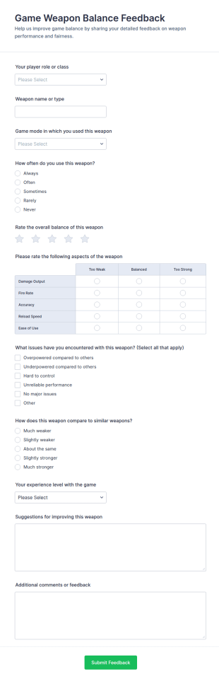 Game Weapon Balance Feedback Form Template