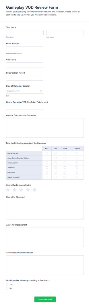 Gameplay VOD Review Form Template