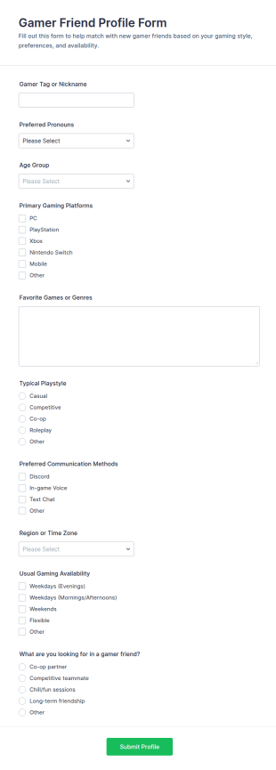 Gamer Friend Profile Form Template