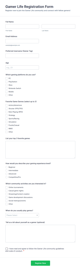 Gamer Life Registration Form Template