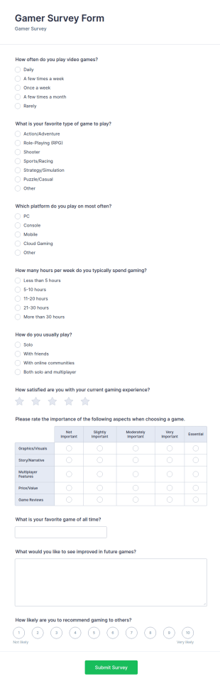 Gamer Survey Form Template