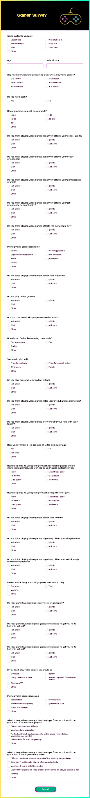 Gamer Survey Form Template